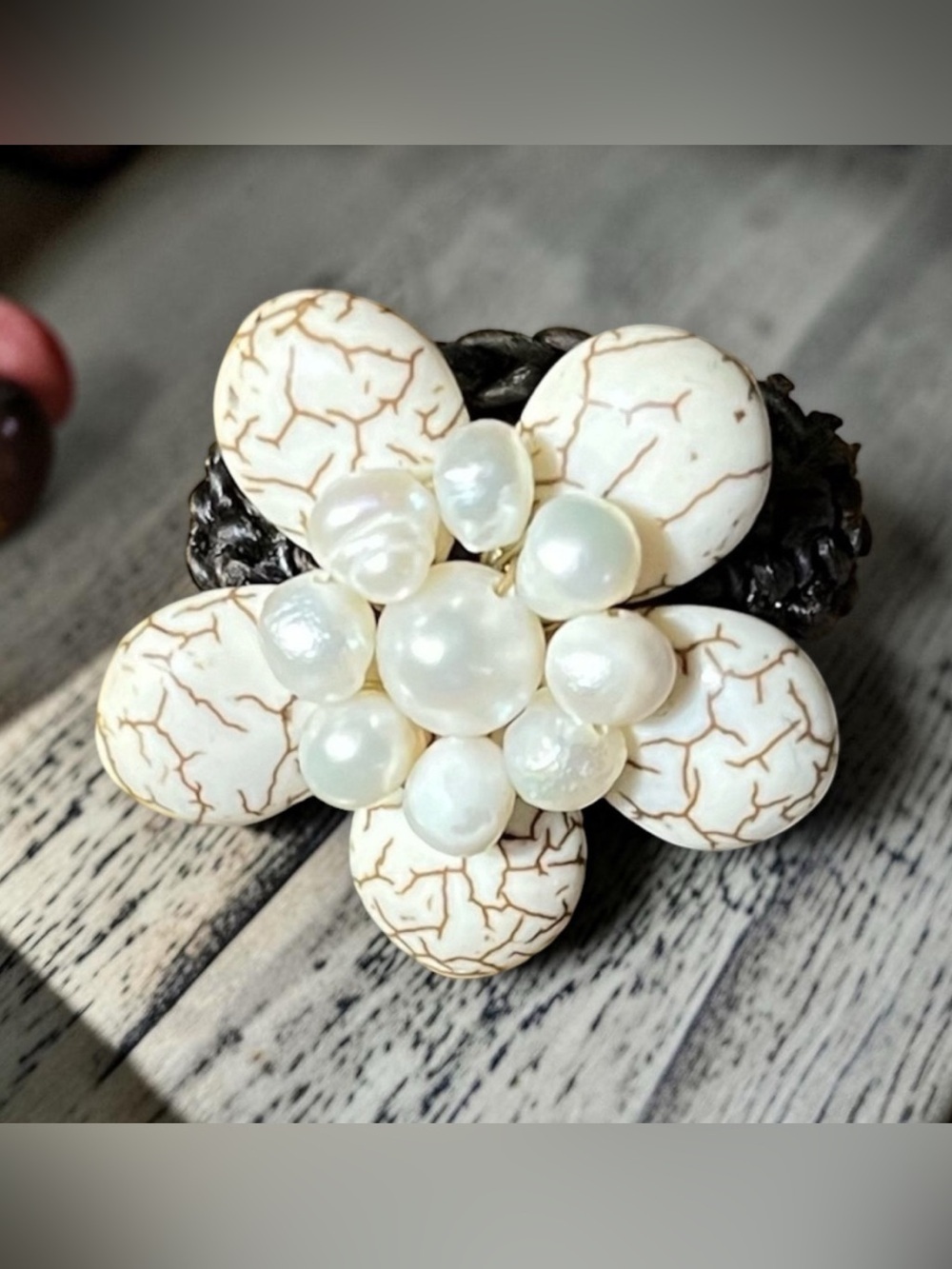 White Howlite/ Pearl Beaded Flower Braided Band Handmade Ring